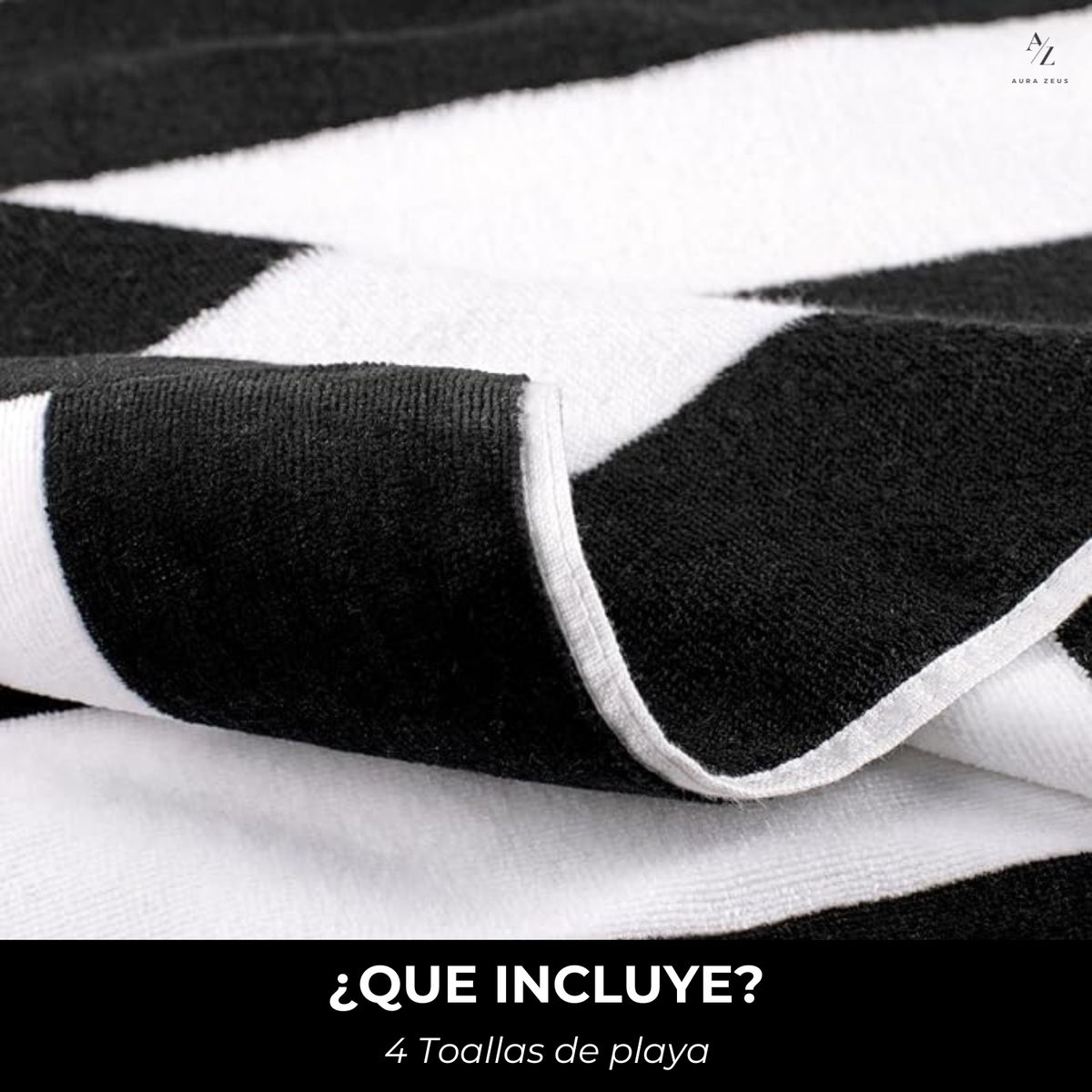 AZ AURAZEUS - Set De 4 Toalla De Playa Algodon 150x75 Cm Xl Viaje Grande Rayada Az Negro