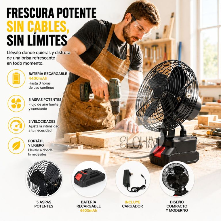 GENERICO Ventilador 5 Aspas con Batería +Cargador- Portátil, Inalámbrico, Ligero y Potente.