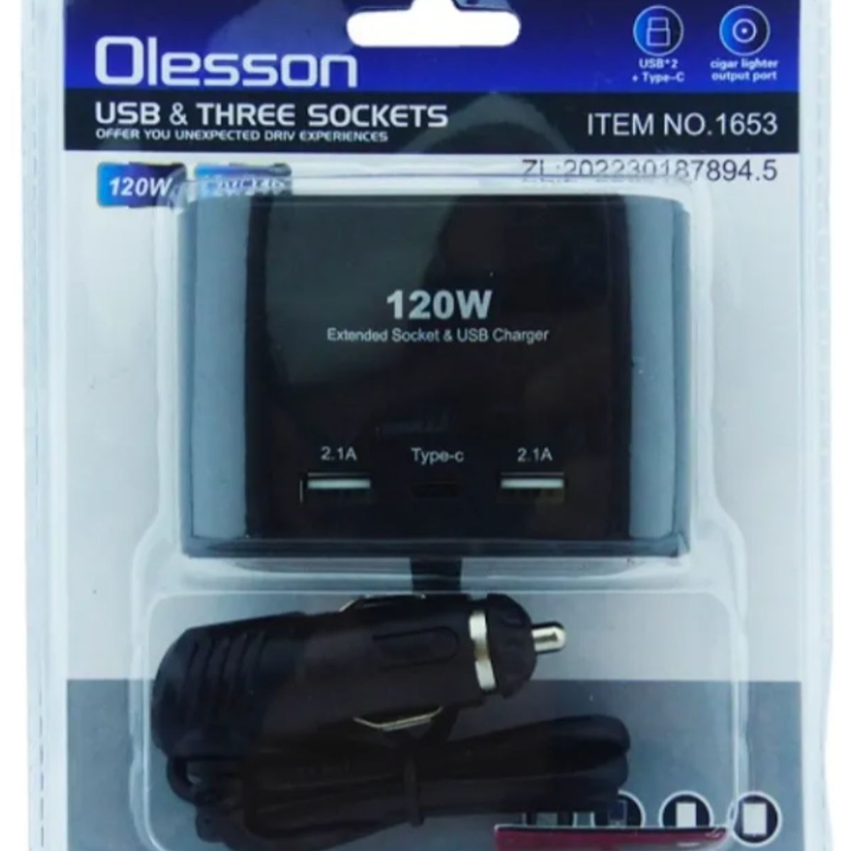 GENERICO - Soquete 3 Salidas Encendedor 120w De Auto Más 2 Usb + Tipo C