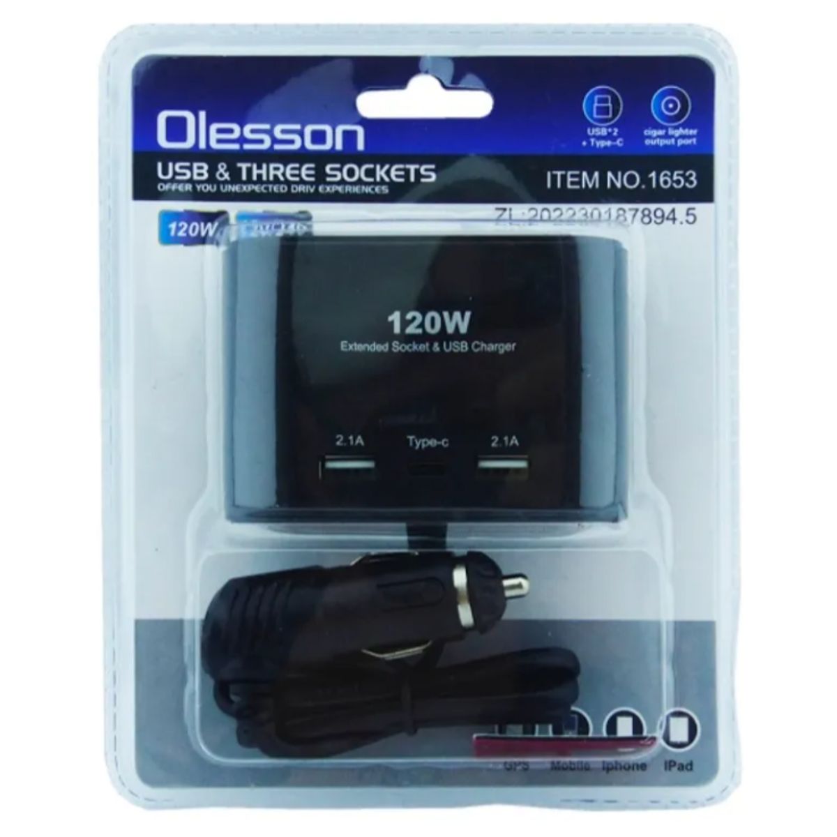 GENERICO - Soquete 3 Salidas Encendedor 120w De Auto Más 2 Usb + Tipo C