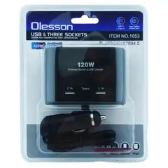 GENERICO - Soquete 3 Salidas Encendedor 120w De Auto Más 2 Usb + Tipo C