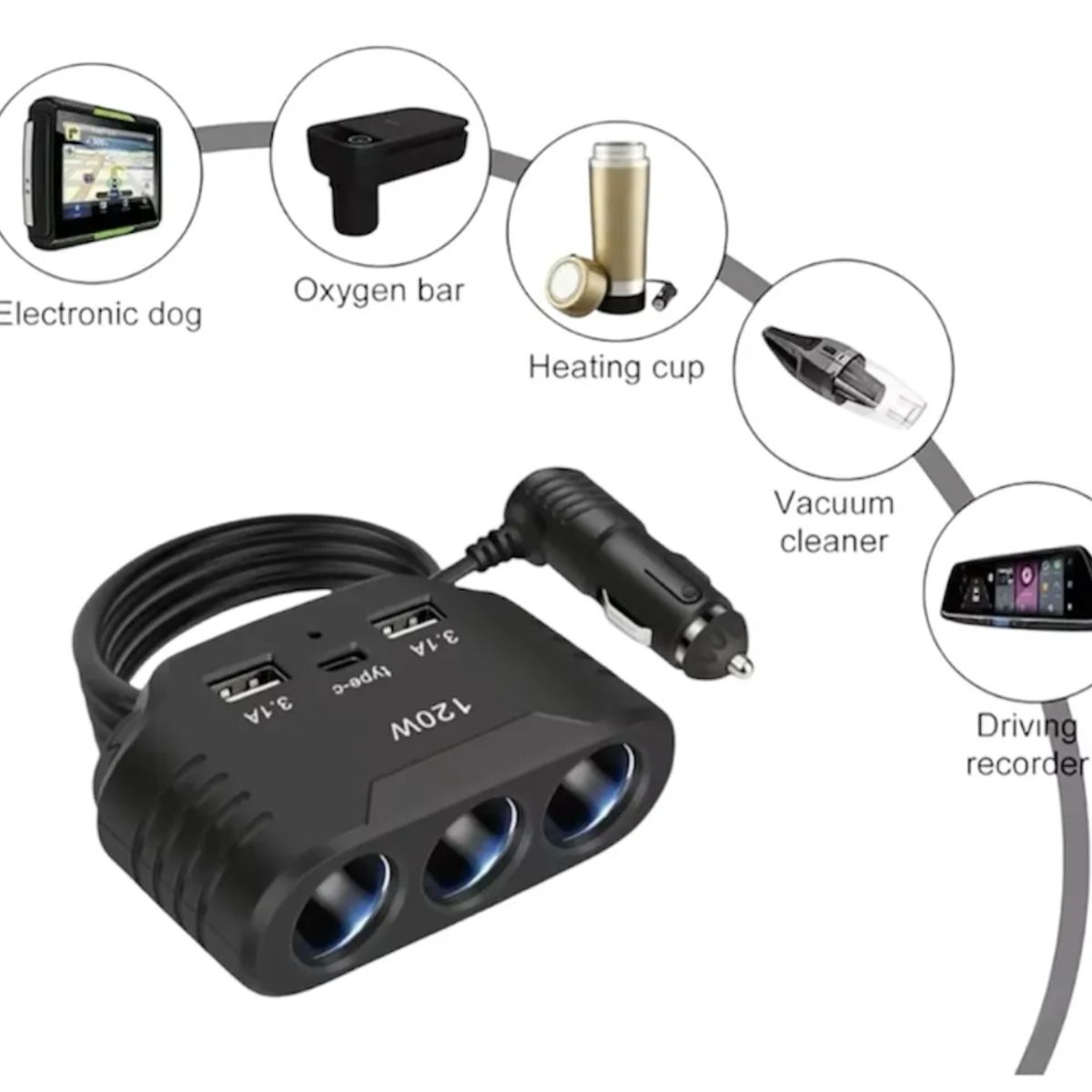 GENERICO - Soquete 3 Salidas Encendedor 120w De Auto Más 2 Usb + Tipo C