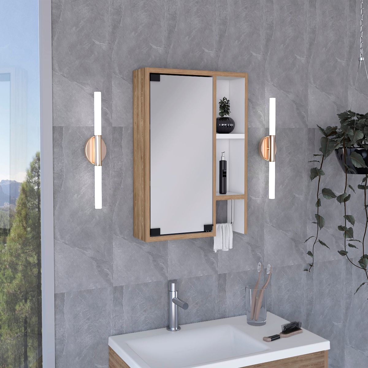 TUHOME - Botiquin Para Baño Martinica 522x472x146 Cm Miel Y Blanco Con Espejo