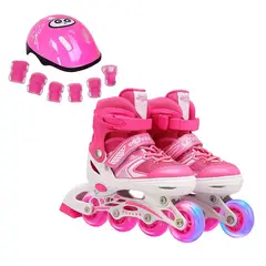 GENERICO - Patines Lineales Ajustables Con Luz+kit De Protección Niños - Rosa - L