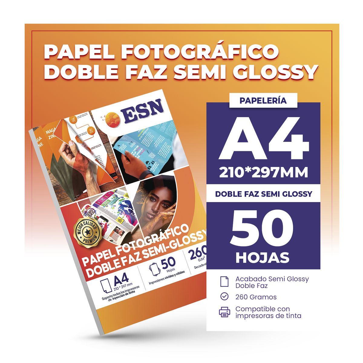 GENERICO - PAPEL FOTOGRÁFICO DOBLE FAZ SEMI GLOSSY 260GR A4 50 HOJAS ESN - Blanco - A4