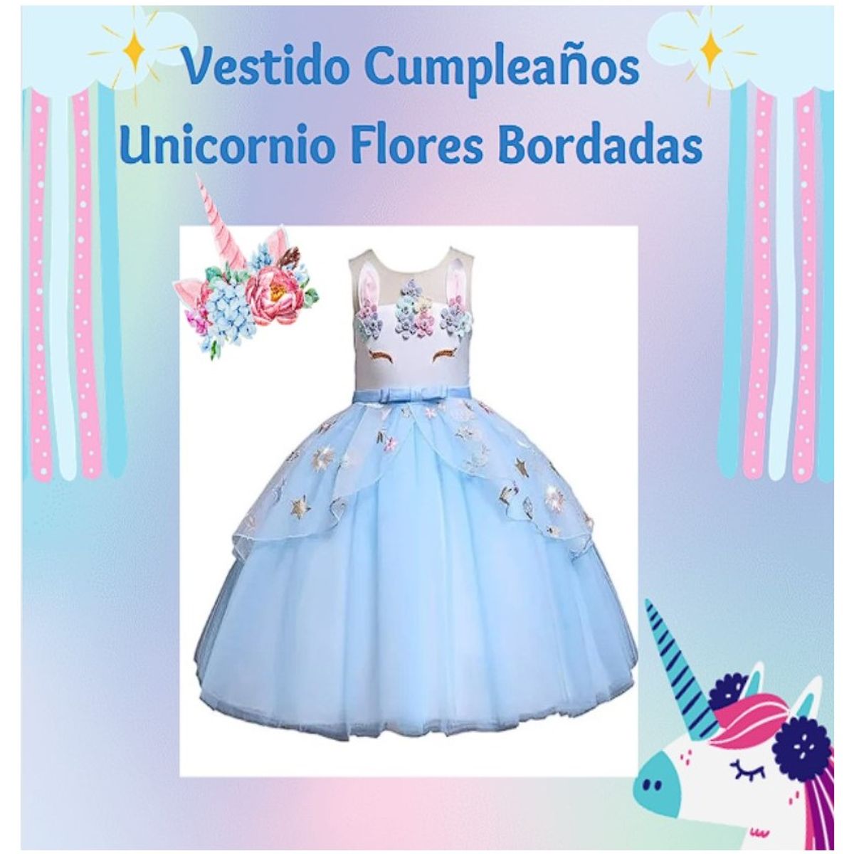 ALMA & DECO - Vestido Niña Fiesta Cumpleaños Mod Unicornio Flores Bordadas Lazo