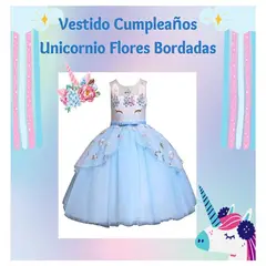 ALMA & DECO - Vestido Niña Fiesta Cumpleaños Mod Unicornio Flores Bordadas Lazo