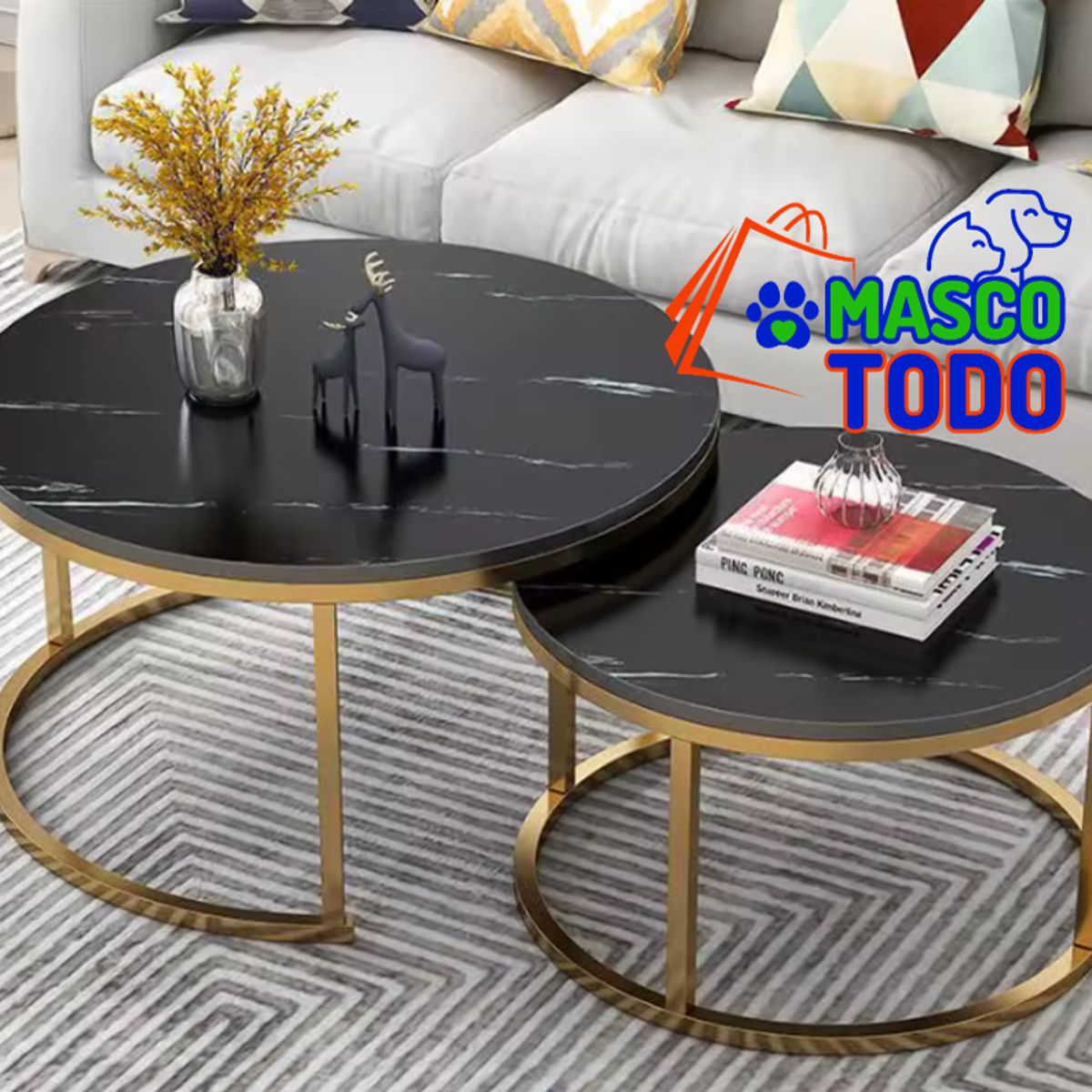 MASCO TODO - Juego Mesas Centro Redonda Living Negra Moderna 70cm y 50cm