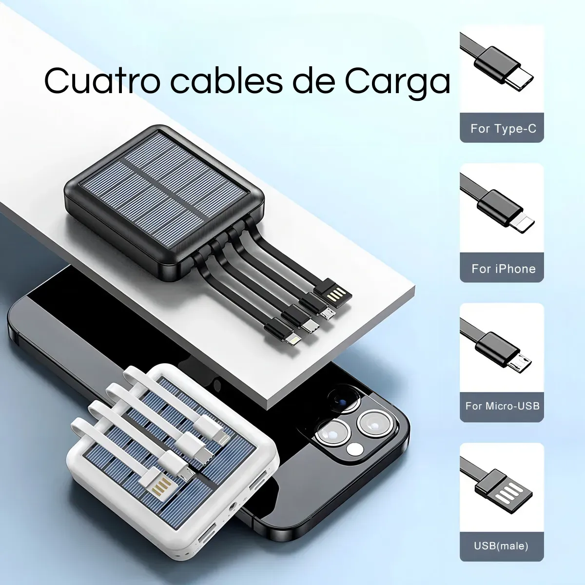 GENERICO - Cargador Inalámbrico Powerbank 10000mah Carga Solar 4 cables