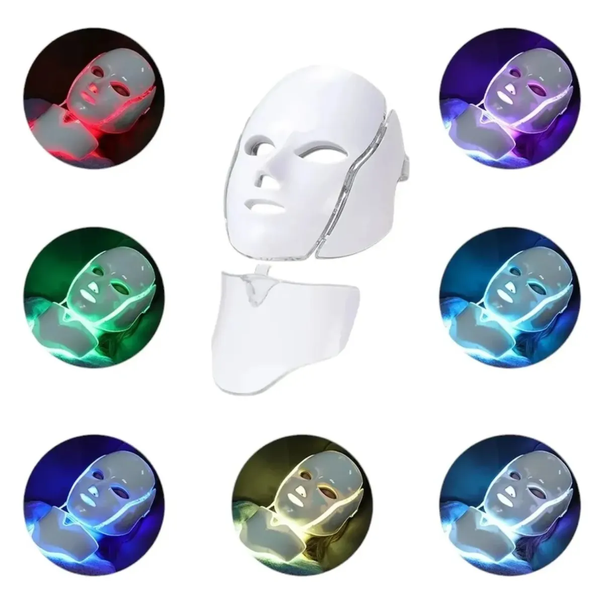 GENERICO - Máscara de Fototerapia Facial con Cuello LED 7 Colores. Rejuvenecedora, Antiarrugas