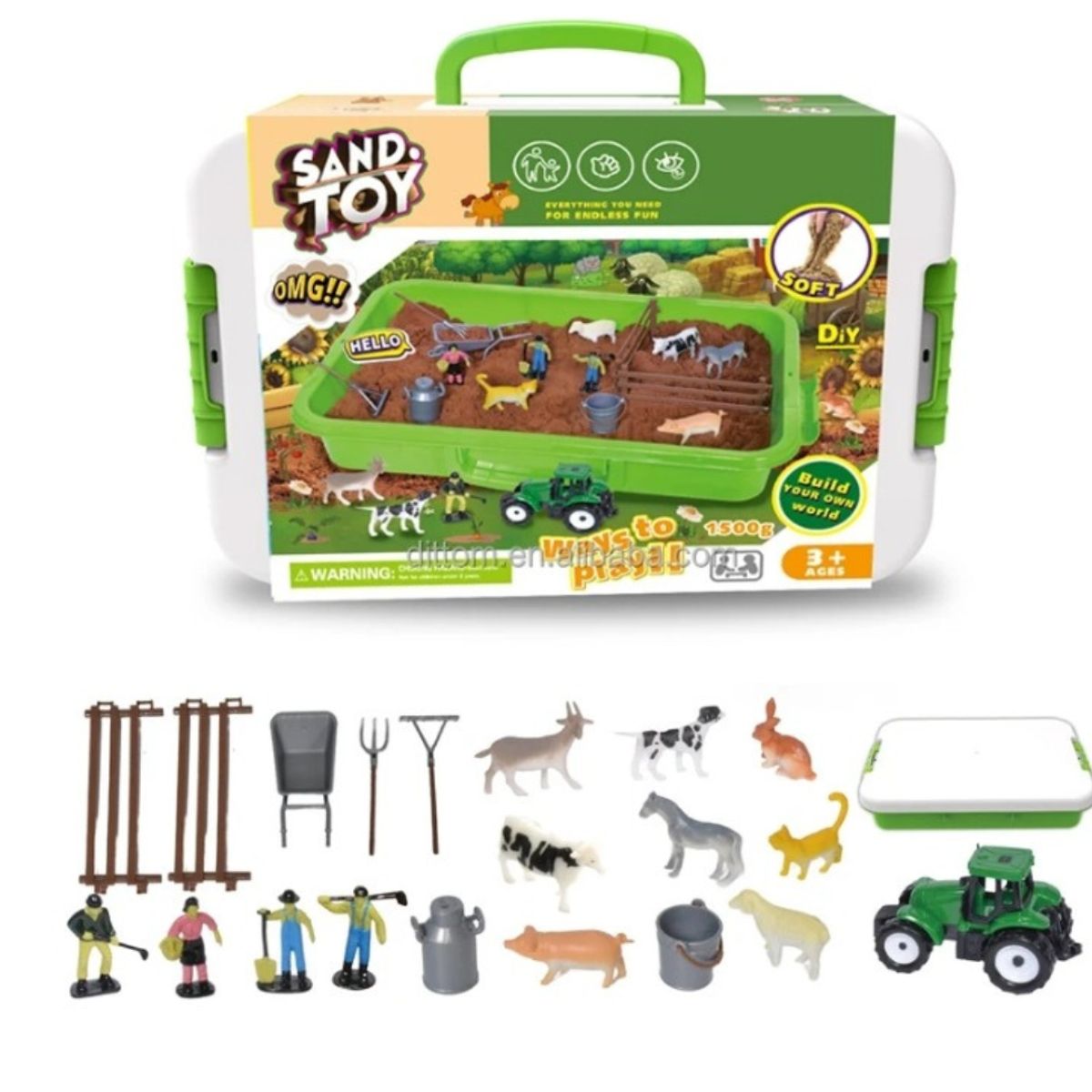 GENERICO - Arena Magica sensorial formato maleta 1.5 kg con figuras Construcción/Granja