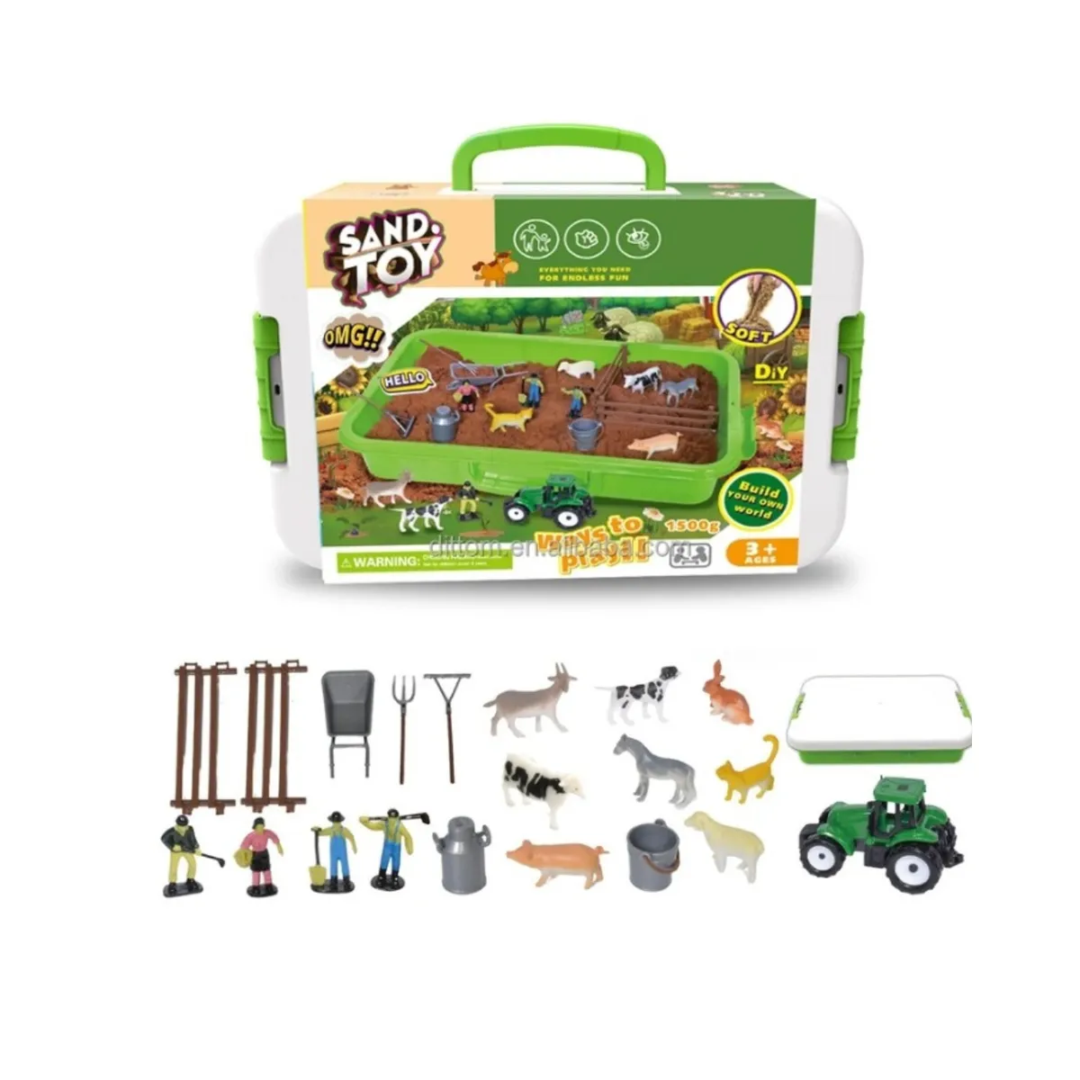 GENERICO - Arena Magica sensorial formato maleta 1.5 kg con figuras Construcción/Granja