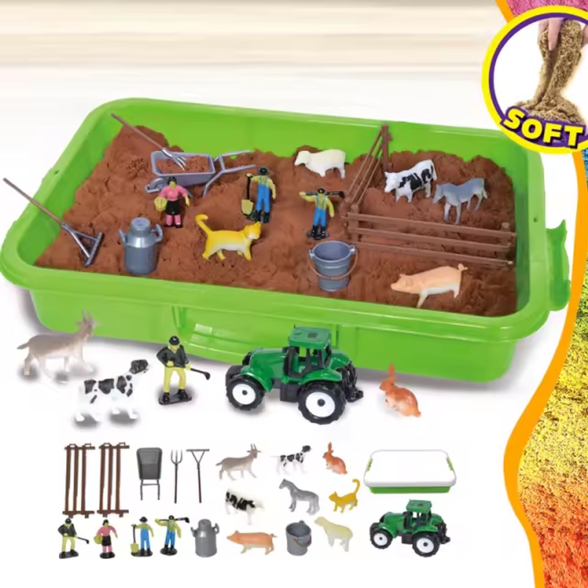 GENERICO - Arena Magica sensorial formato maleta 1.5 kg con figuras Construcción/Granja