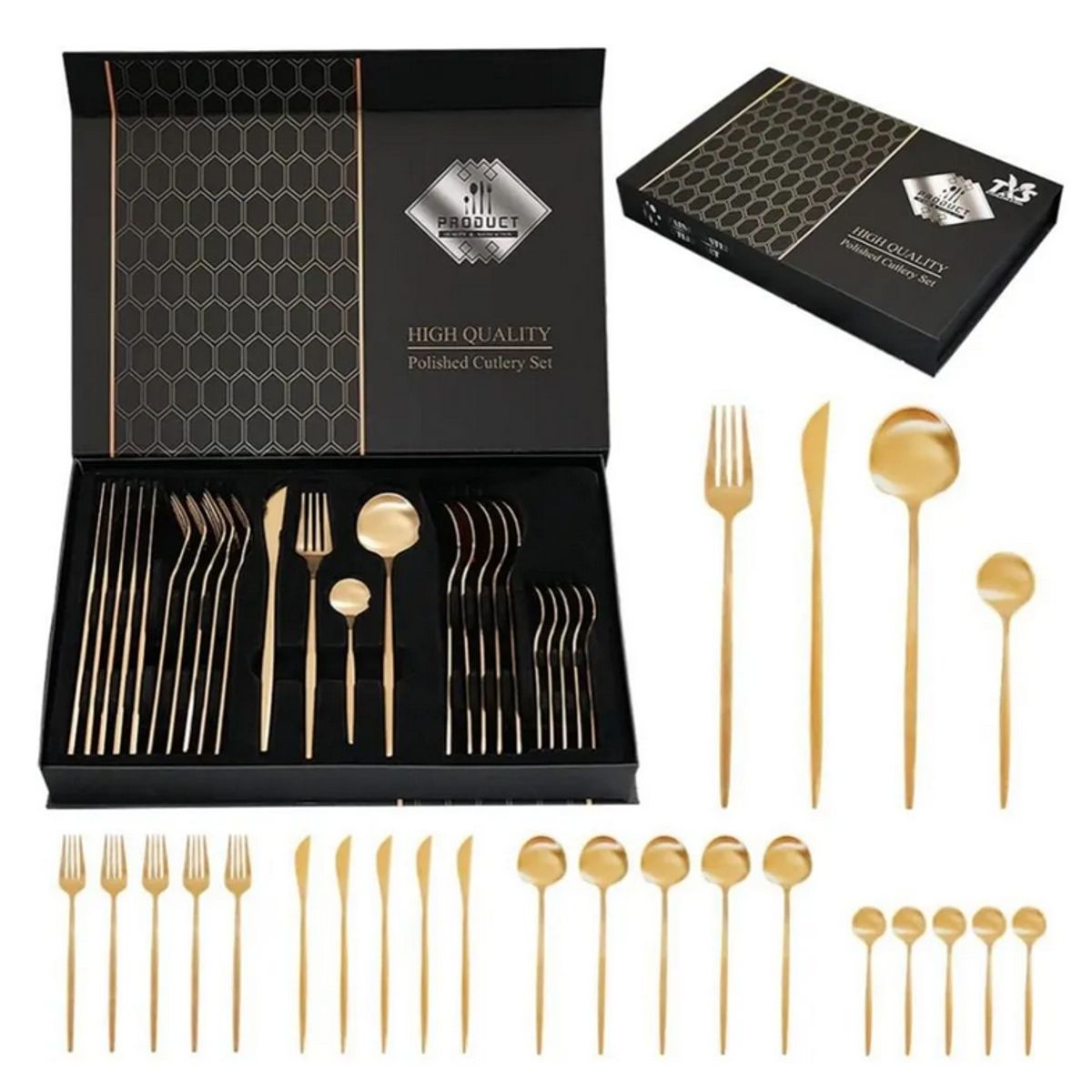 GENERICO - Set 24 Cubiertos Acero Inoxidable Juego De Servicio Completo - Dorado Oscuro