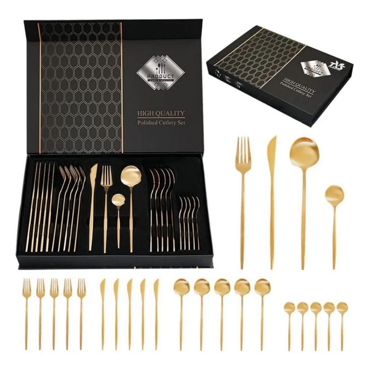 GENERICO - Set 24 Cubiertos Acero Inoxidable Juego De Servicio Completo - Dorado Oscuro