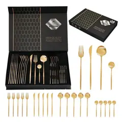 GENERICO - Set 24 Cubiertos Acero Inoxidable Juego De Servicio Completo - Dorado Oscuro