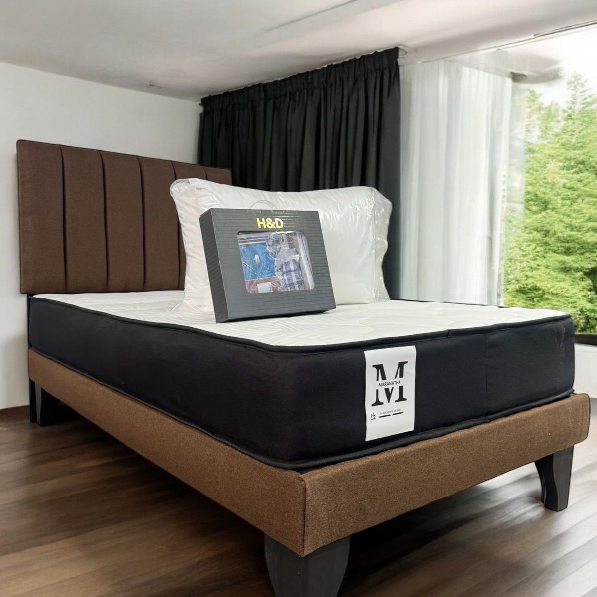 GENERICO - Combo Cama 1.5 Plaza Cafe + Respaldo Maranatha