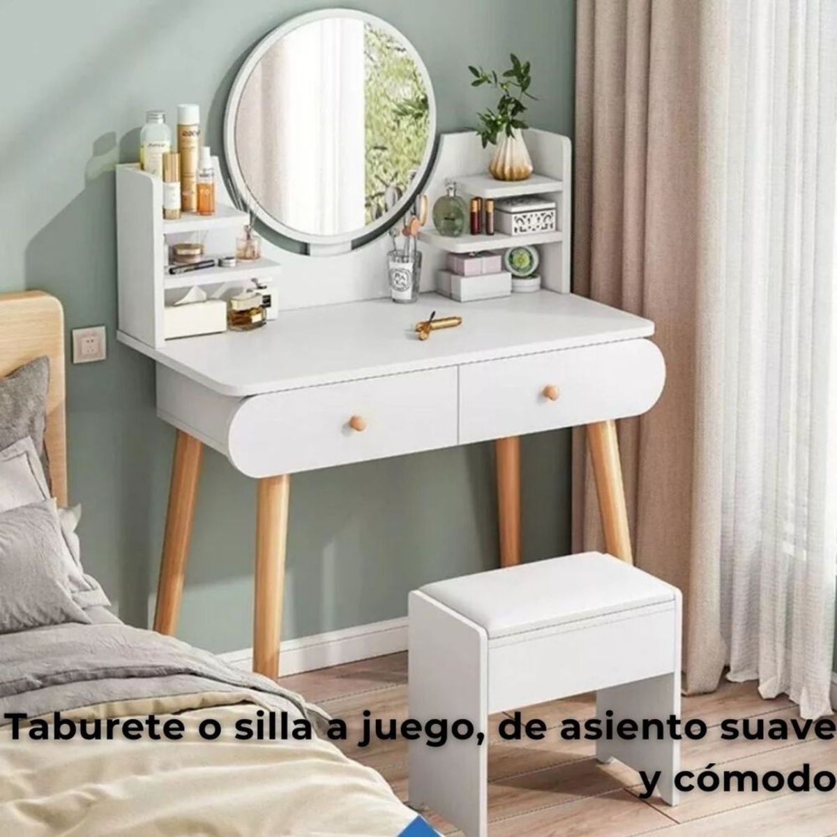 MOVI - Tocador Moderno con  Luz Led, 2 Cajones +Asiento - Estilo, Confort y Elegancia para Tu Rutina Diaria.