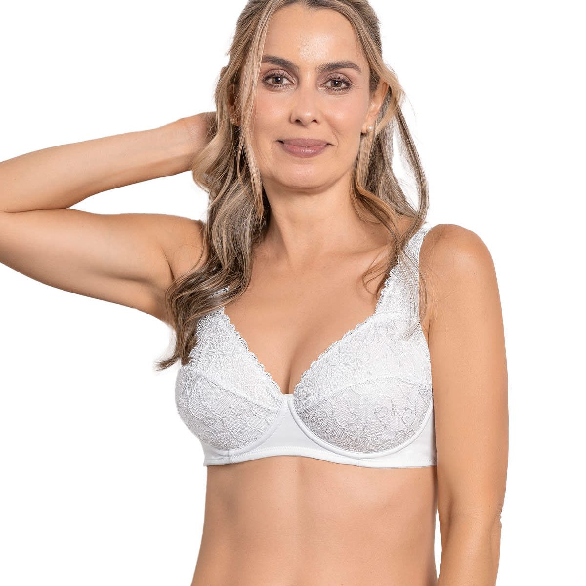 LEONISA - Sostén triangular con copas en encaje y espalda en tela lisa 71357 Blanco