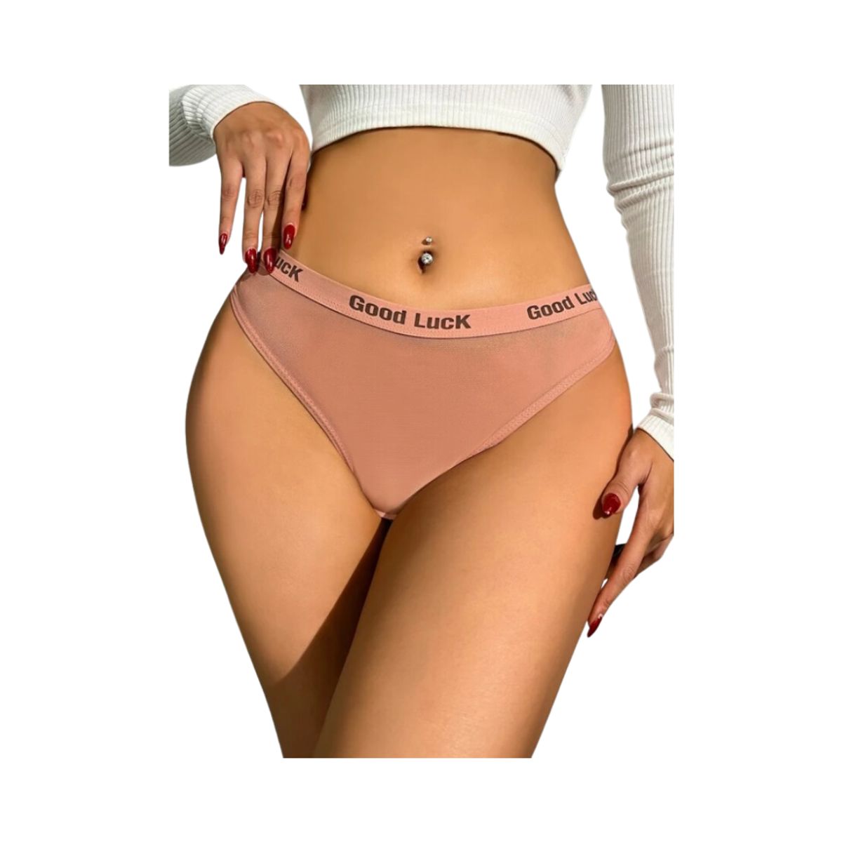 KIRAMA CLOTHING STORE - Tanga rosa vieja con cintura “Good Luck” y diseño deportivo