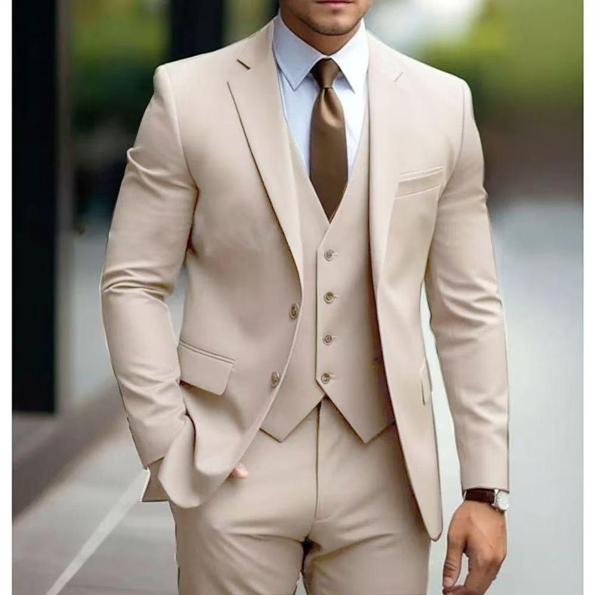XPRESS RECHARGE - Traje beige 3 piezas para hombre, corte slim fit, ideal para bodas, fiestas o eventos formales