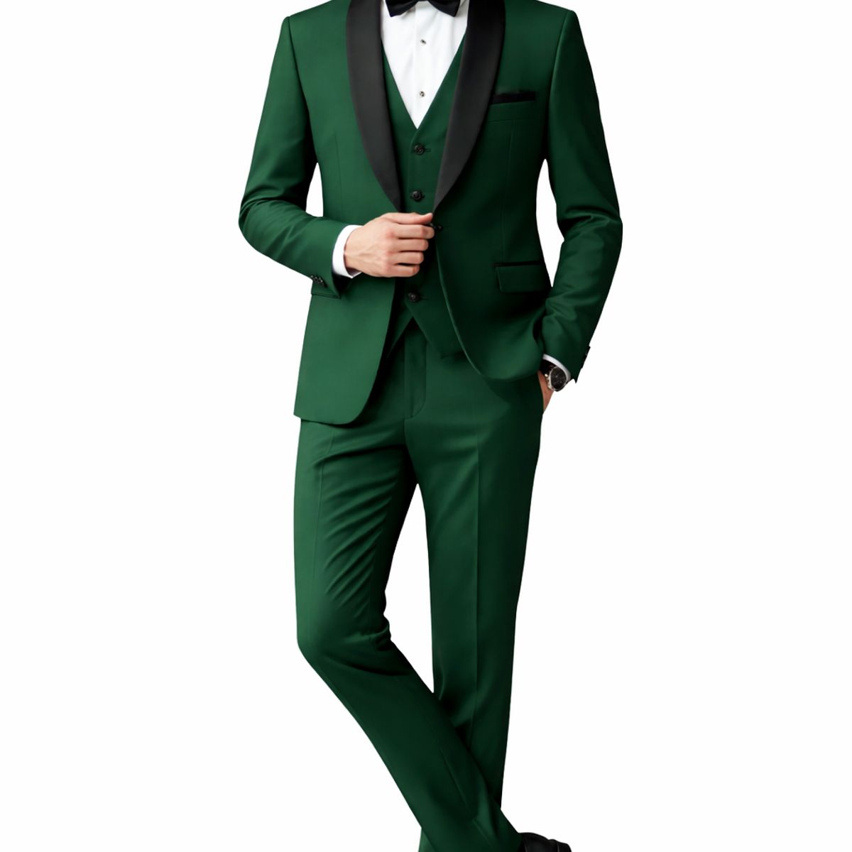 XPRESS RECHARGE - Traje de Hombre Verde Oscuro 3 Piezas con Solapa Negra – Estilo Smoking Elegante para Novio o Gala