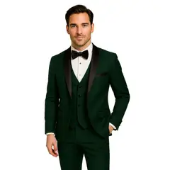 XPRESS RECHARGE - Traje de Hombre Verde Oscuro 3 Piezas con Solapa Negra – Estilo Smoking Elegante para Novio o Gala