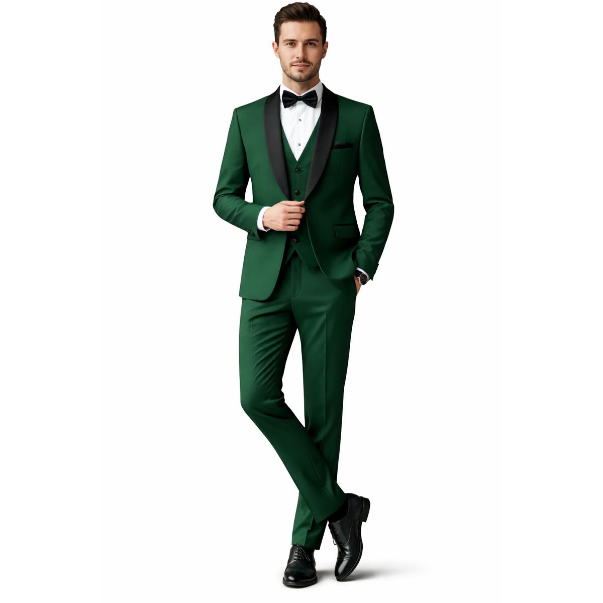 XPRESS RECHARGE - Traje de Hombre Verde Oscuro 3 Piezas con Solapa Negra – Estilo Smoking Elegante para Novio o Gala