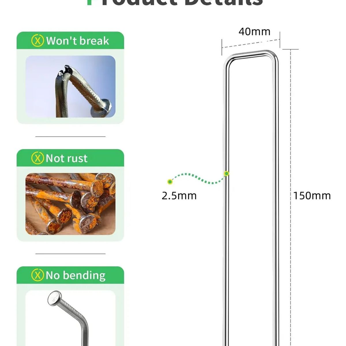 50 Grapas Clavos Césped Pasto Artificial Estacas De Tierra 150x40mm para Jardín de Acero Galvanizado, marca KUANGYE - Foto 2