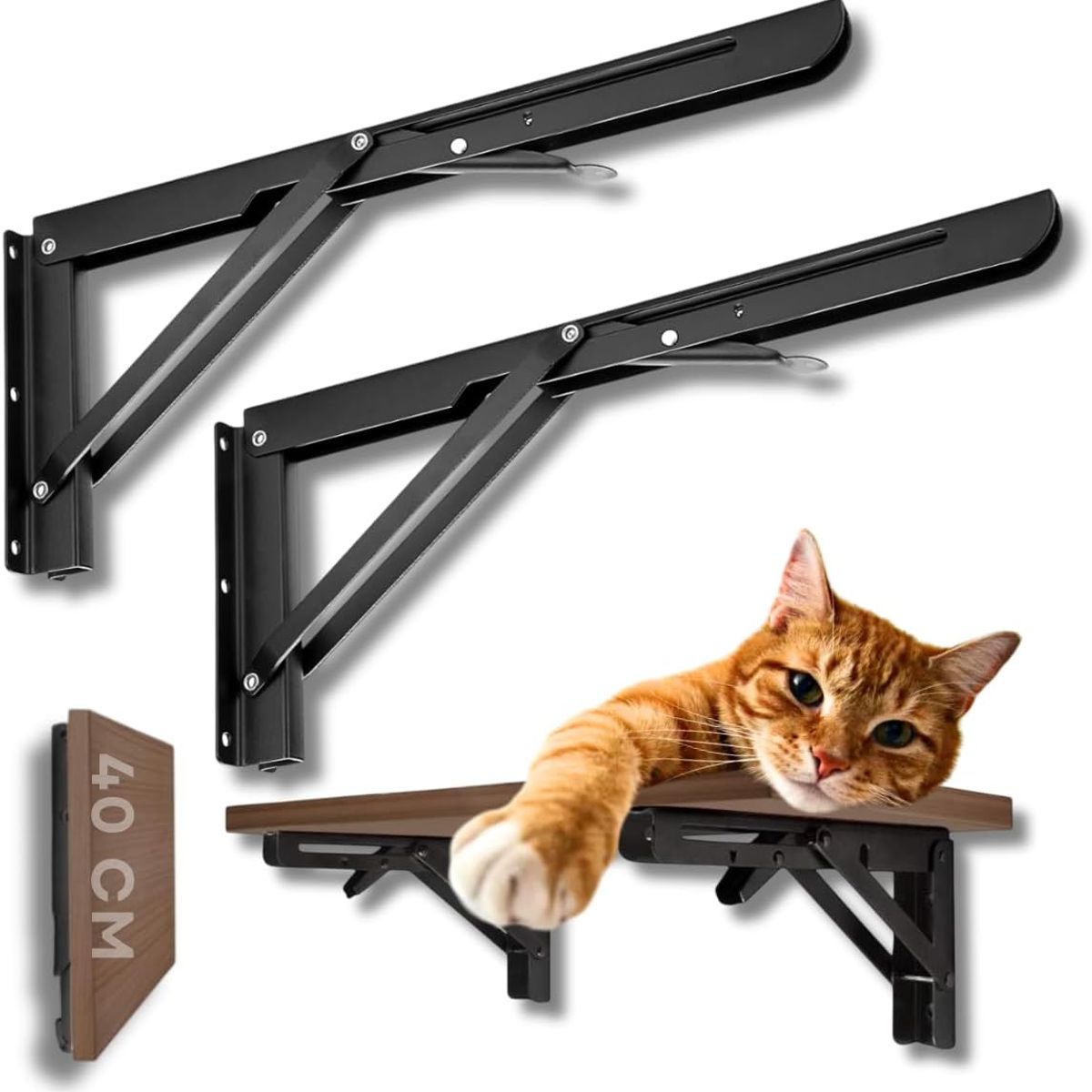 KUANGYE - 2Piezas Soporte Estantería Plegable Metal Abatibles Bisagra 40cm Con Tornillossado Carga 80KG Negro