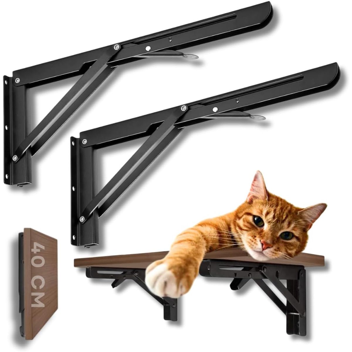 KUANGYE - 2Piezas Soporte Estantería Plegable Metal Abatibles Bisagra 40cm Con Tornillossado Carga 80KG Negro