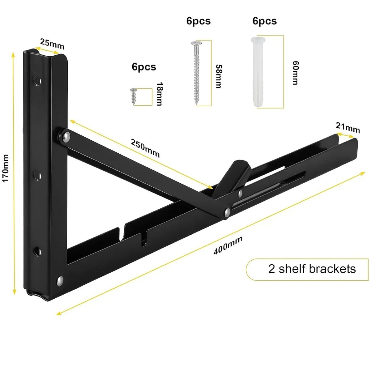 KUANGYE - 2Piezas Soporte Estantería Plegable Metal Abatibles Bisagra 40cm Con Tornillossado Carga 80KG Negro