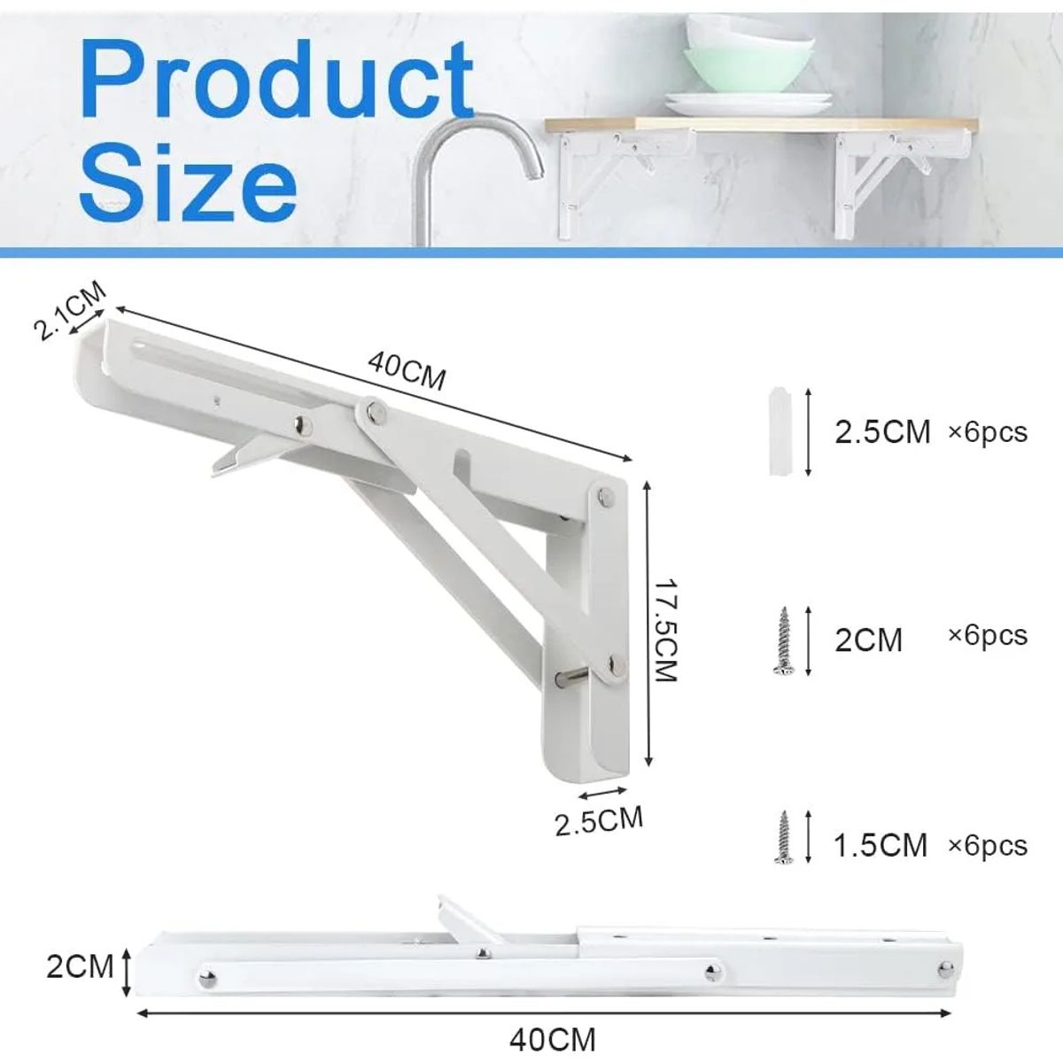 KUANGYE - 2Pcs Soporte Estantería Plegable Metal Abatibles Bisagra 40cm Con Tornillossado Carga 80KG blanco