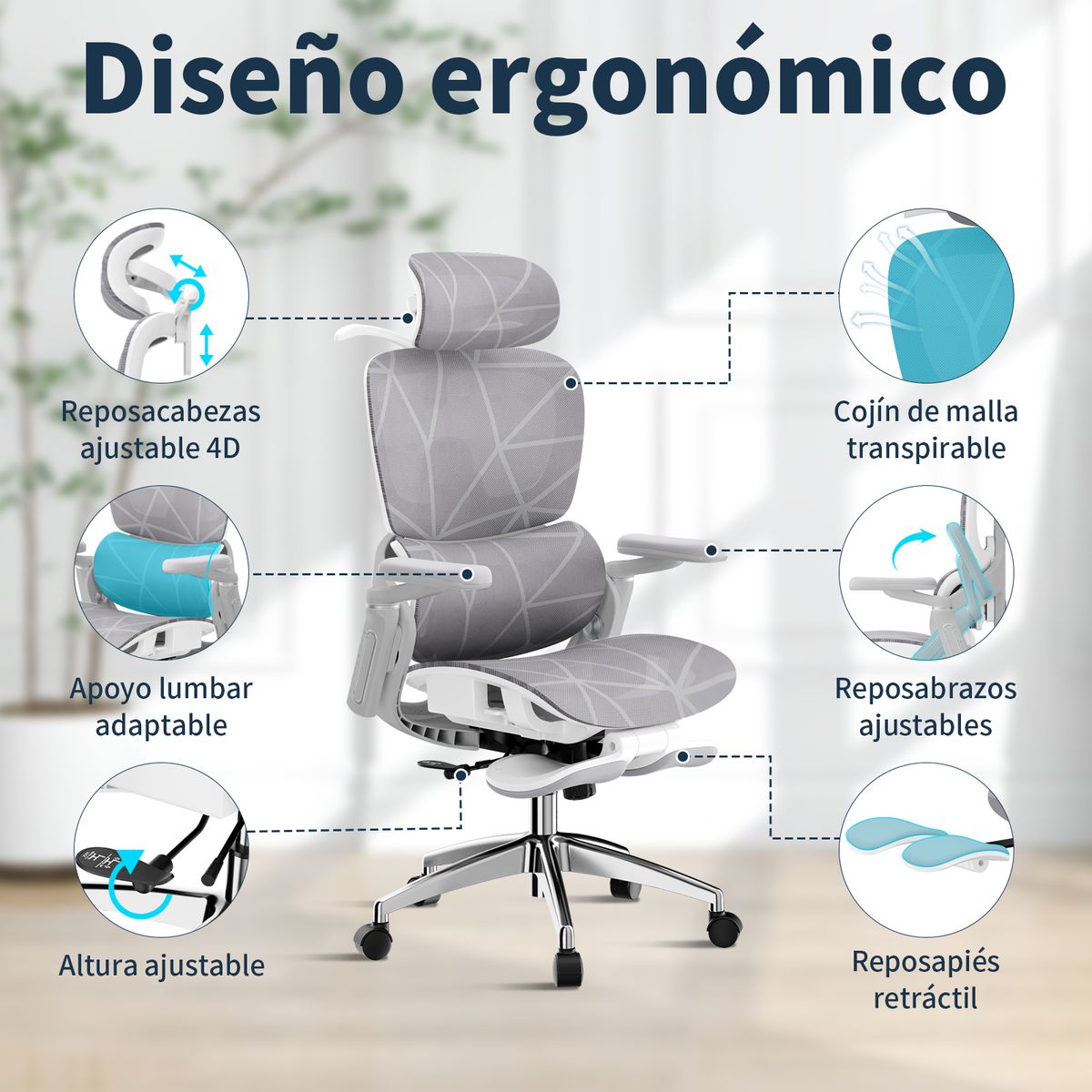 AIZO - Silla Oficina Escritorio AIZO lumbar tapizado de mesh ergonómica gris