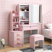 Mueble De Tocador Con Taburete 100×36×138cm Espejo Con Luz Rosa Trae Un Taburete