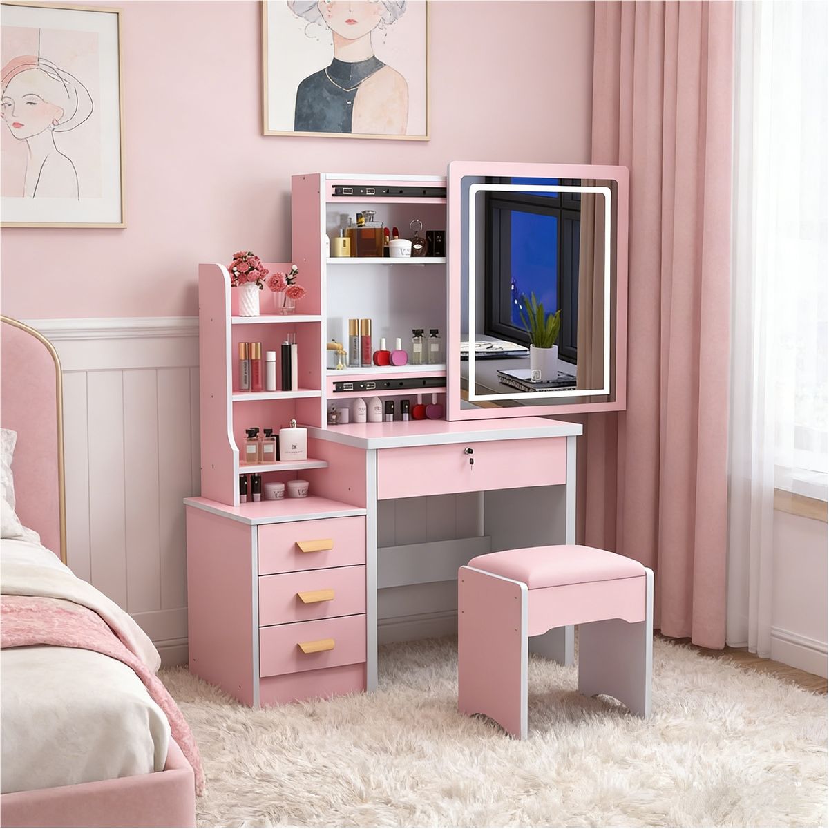 YOMYM - Mueble De Tocador Con Taburete 100×36×138cm Espejo Con Luz Rosa Trae Un Taburete