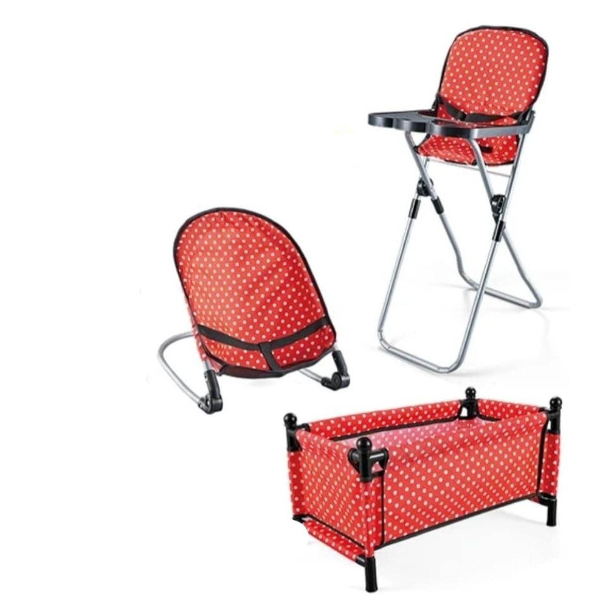 GENERICO - SET DE ACCESORIOS PARA MUÑECA CUNA SILLA MECEDOR 3 EN 1 ROJO