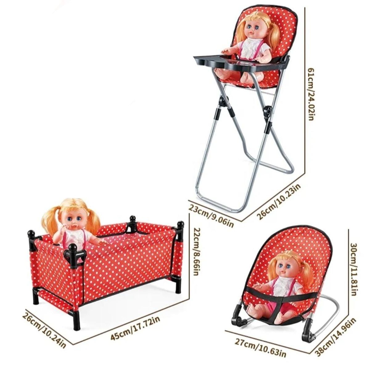 GENERICO - SET DE ACCESORIOS PARA MUÑECA CUNA SILLA MECEDOR 3 EN 1 ROJO