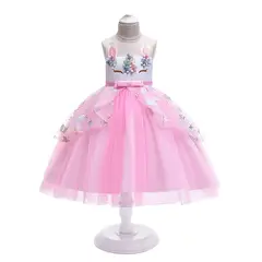 ALMA & DECO - Vestido Niña Fiesta Cumpleaños Mod Unicornio Flores Bordadas Lazo Rosa T8