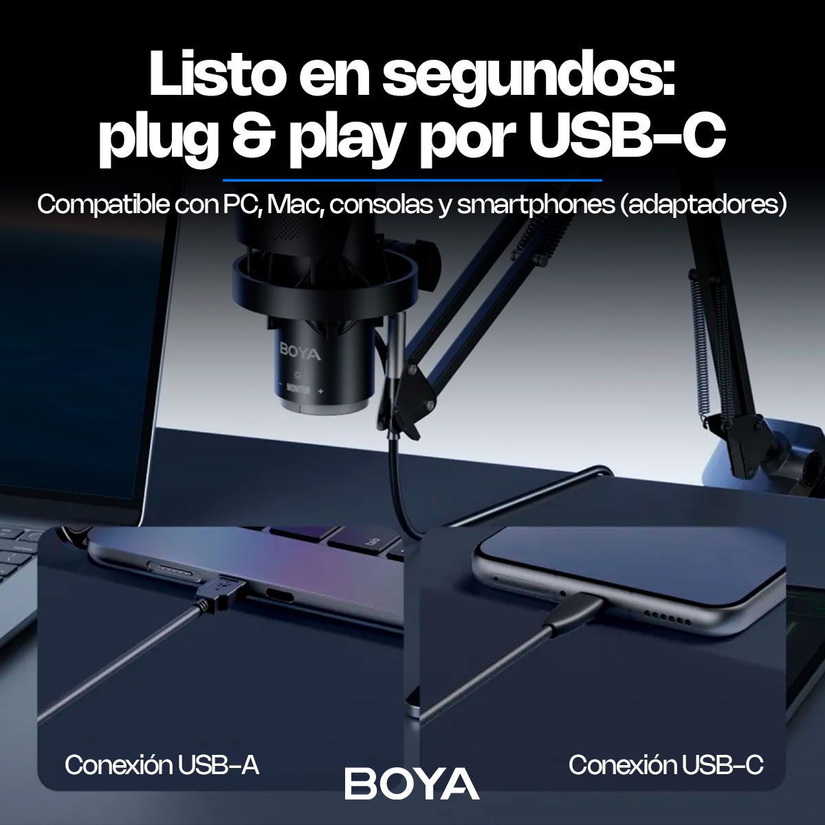 BOYA - Micrófono boya K9 USB C supercardioide cancelación de ruido monitoreo en tiempo real