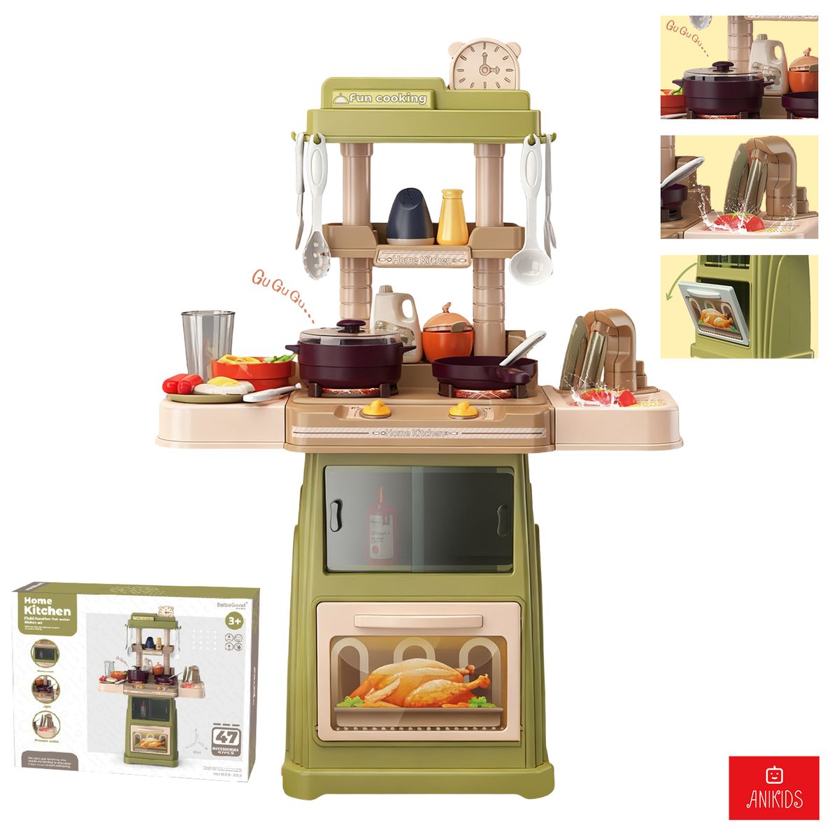 ANIKIDS - Cocina de Juguete 66cm Para Niños Luz Sonido Agua 47 Piezas Verde Musgo