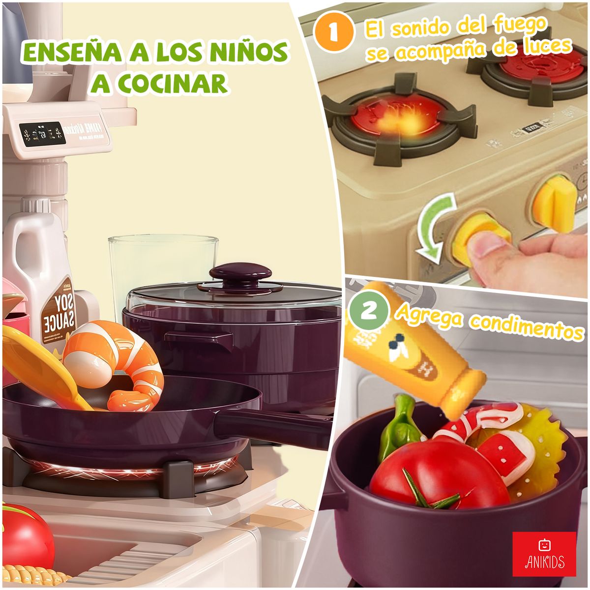 ANIKIDS - Cocina de Juguete 66cm Para Niños Luz Sonido Agua 47 Piezas Verde Musgo