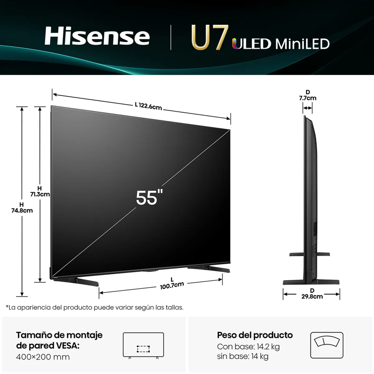 HISENSE - SMART TV MINI LED 55 55U7QG 4K GOOGLE TV