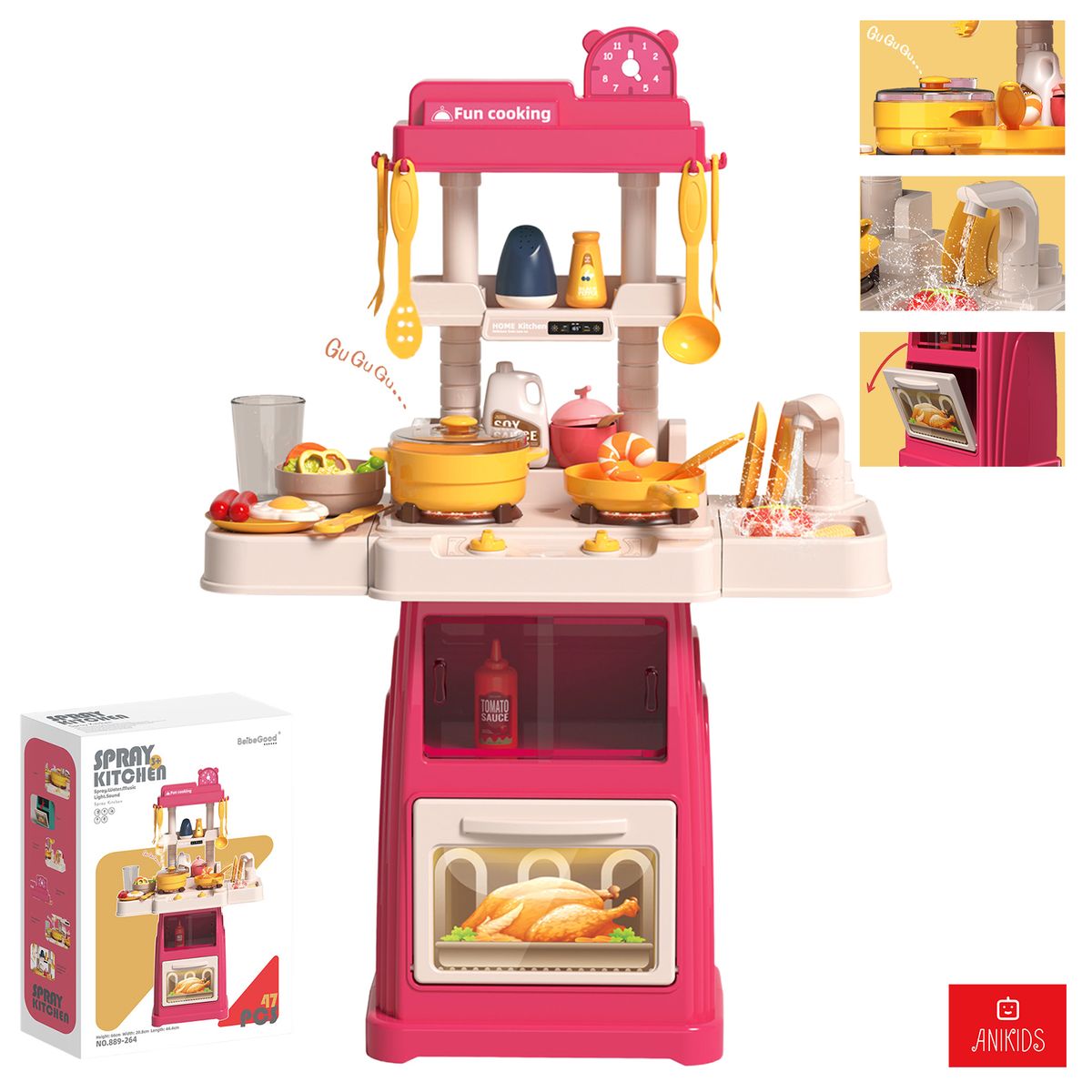 ANIKIDS - Cocina De Juguete 66cm Para Niños Luz Sonido Agua 47 Piezas Rosa Chicle