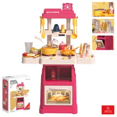 ANIKIDS - Cocina De Juguete 66cm Para Niños Luz Sonido Agua 47 Piezas Rosa Chicle