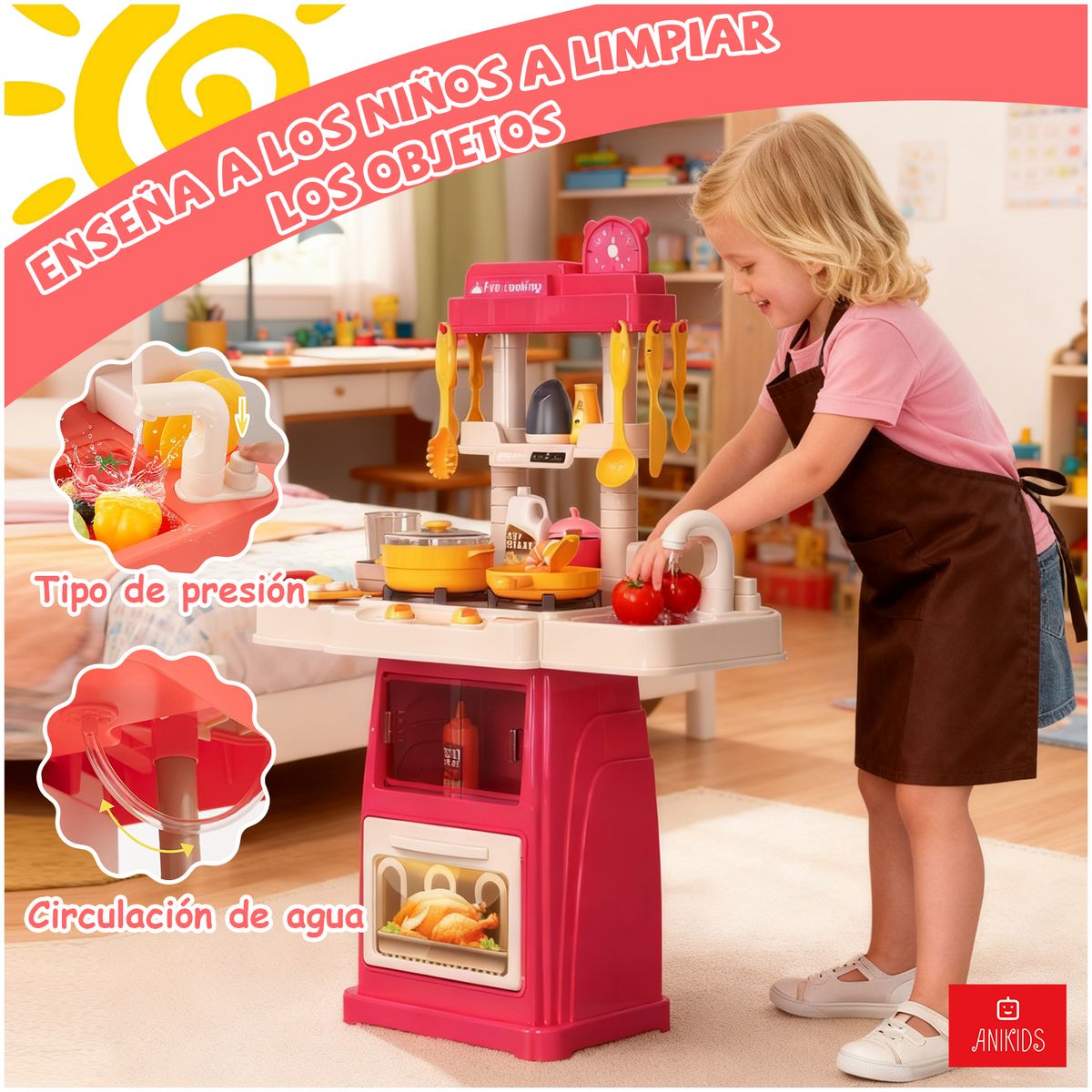 ANIKIDS - Cocina De Juguete 66cm Para Niños Luz Sonido Agua 47 Piezas Rosa Chicle