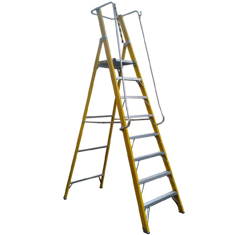 Escalera Tijera Plataforma Doble Fibra Vidrio 8P con Baranda