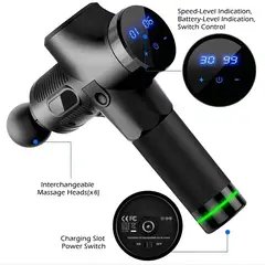 GENERICO - Masajeador Muscular Pistola Gun 30 Velocidades Digital 2500 mAh 6 Cabezales 3 Horas Uso