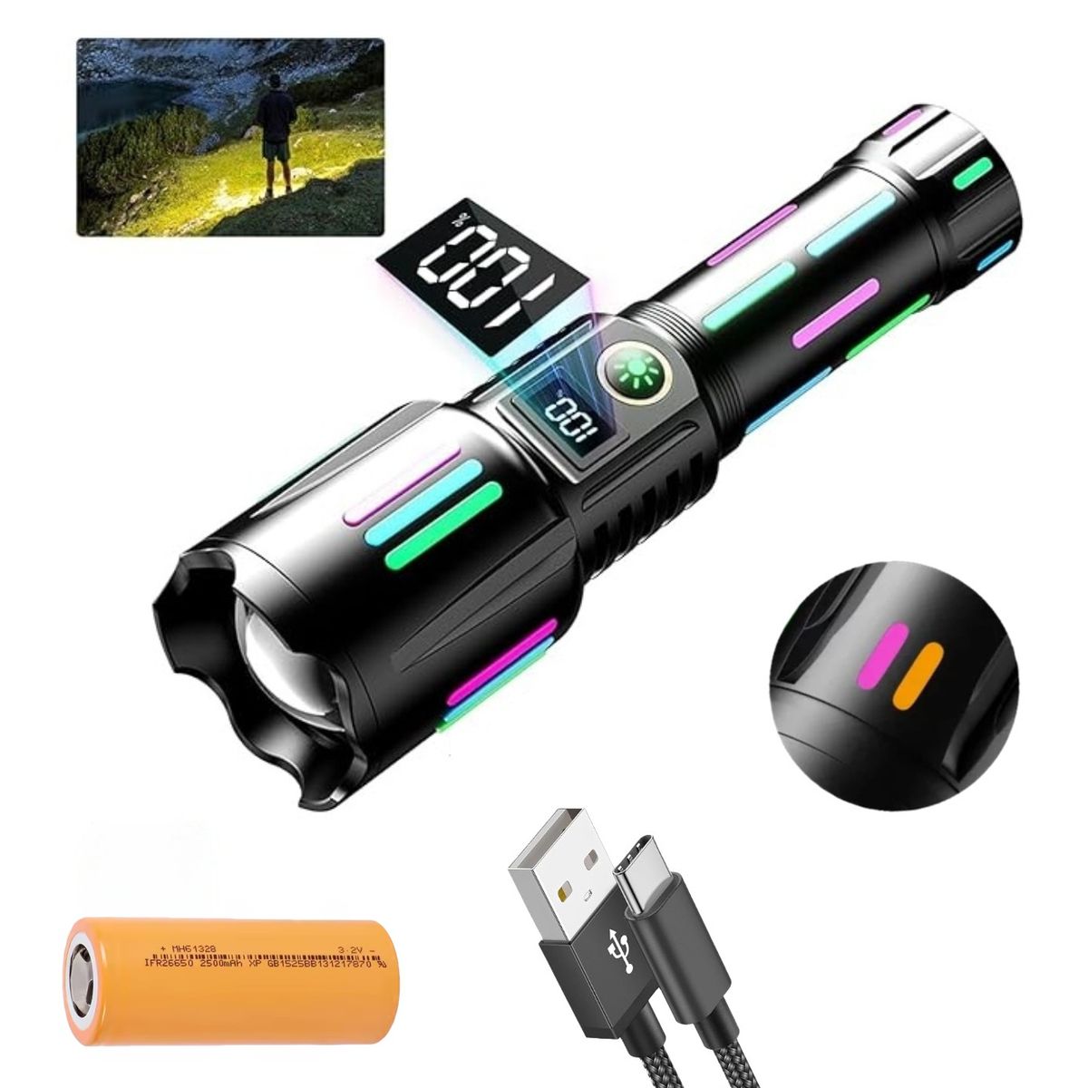 COBA - Linterna Táctica Led Brillante 25000lm Recargable USB-C SOS Negro