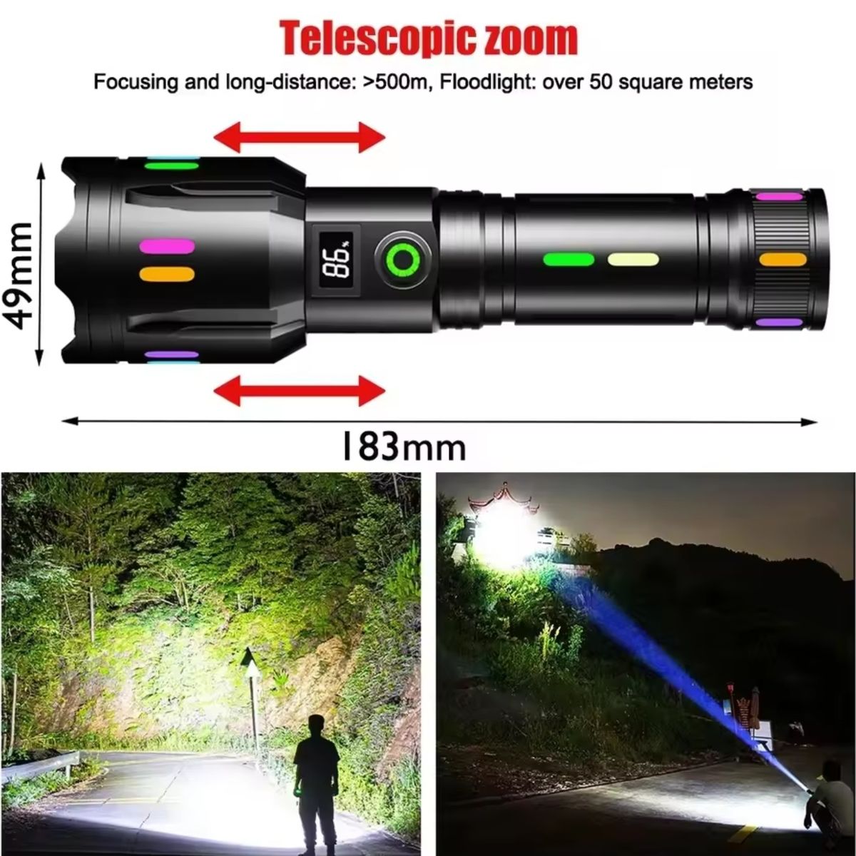 COBA - Linterna Táctica Led Brillante 25000lm Recargable USB-C SOS Negro